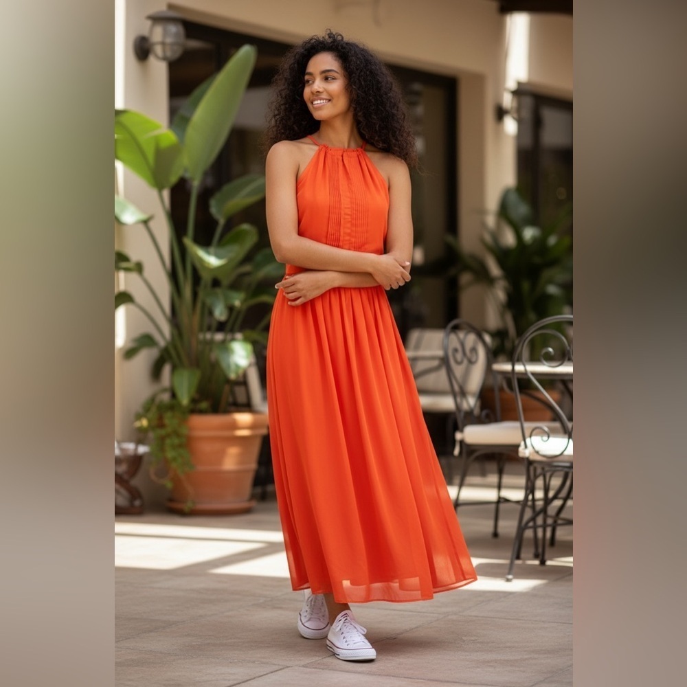 NICOLE MILLER STUDIO Vibrant Orange halter neck Midi Dress sie 10